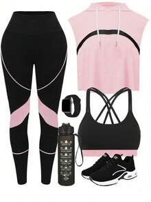 Eassivo Eassivo Set da 3 pezzi da donna con colorblock e patchwork per yoga e allenamento, set da allenamento per donne, leggings set, outfit da palestra per donna - Multicolore - Visualizzare 1
