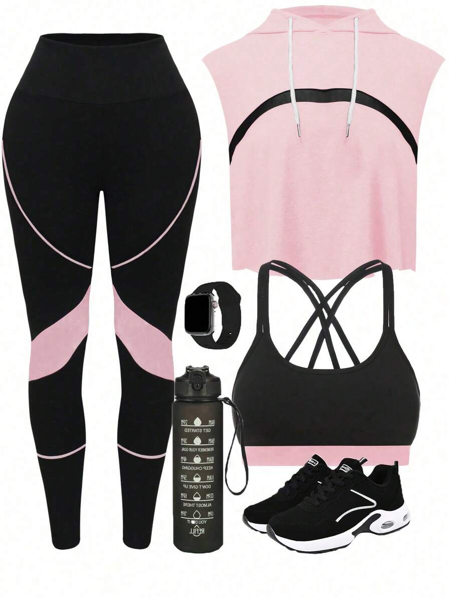 Eassivo Eassivo Set da 3 pezzi da donna con colorblock e patchwork per yoga e allenamento, set da allenamento per donne, leggings set, outfit da palestra per donna - Multicolore - Visualizzare 1