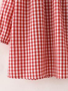 SHEIN Tween Girl French Elegant Plaid Patchwork Woven Fitted Long Sleeve Dress, Autumn/Winter - Red and White - View 3