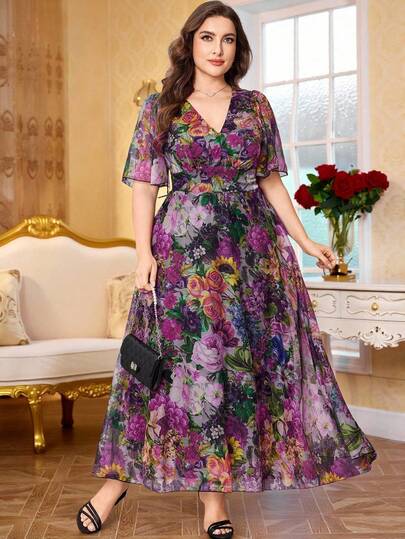 Modelyn Đầm ngắn tay cổ chữ V dáng rộng, sang trọng, thanh lịch mới