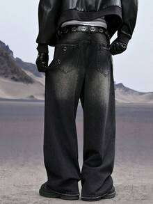 Manfinity Roghcode 男士休闲做旧破洞黑色牛仔裤，街头风 - 黑色 - 查看 2