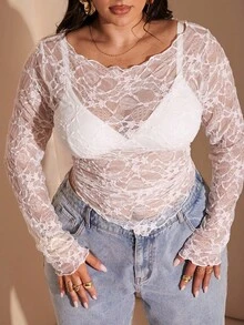 SHEIN BAE 大码女式蝴蝶结装饰蕾丝衬衫，性感不对称透视正式派对上衣，适合情人节、夏季、生日等场合，展现曲线身材 - 白色 - 查看 8