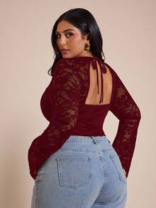 SHEIN BAE Blusa de manga larga con aplicaciones de encaje para mujer de talla grande - Burdeos - Ver 5