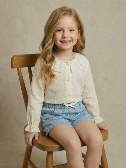 PrepCrw 1件装少女优雅都市休闲学院风白色蕾丝边宽松长袖衬衫，适合返校、休闲外出、旅行、聚会、节日、春夏穿着。