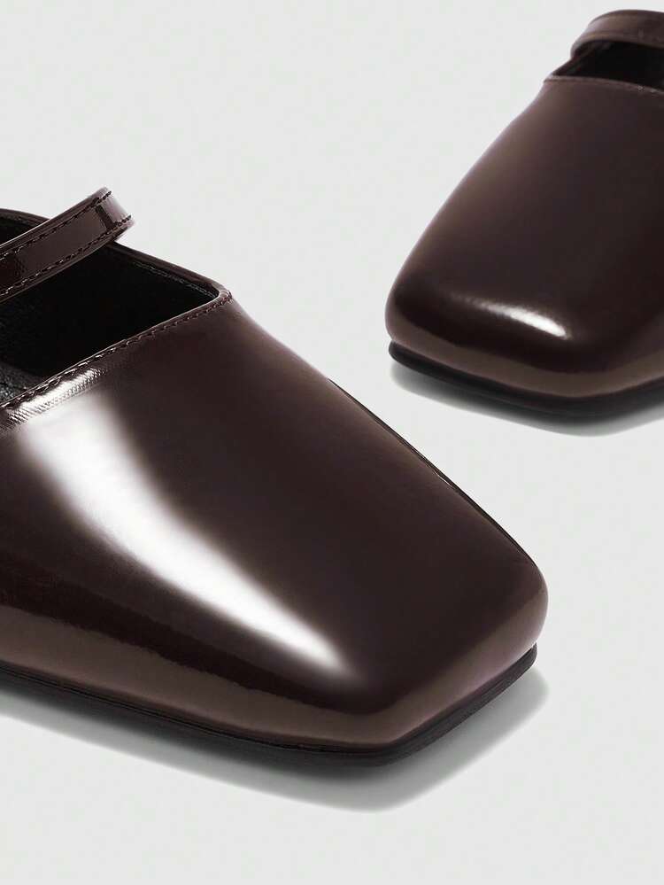 CUCCOO BIZCHIC Women's Square Toe Chunky Heel Silver Button Decor PU Leather Slip-On Shoes, Fashionable Minimalist Comfortable For Daily, Party, Event Spring Shoes