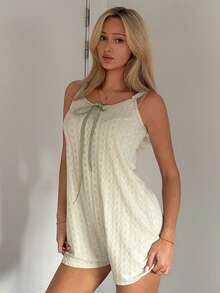 DAZY Áo hai dây và quần short dệt kim Jacquard thoải mái dành cho nữ, bộ đồ ngủ liền thân. - trắng - Xem 4