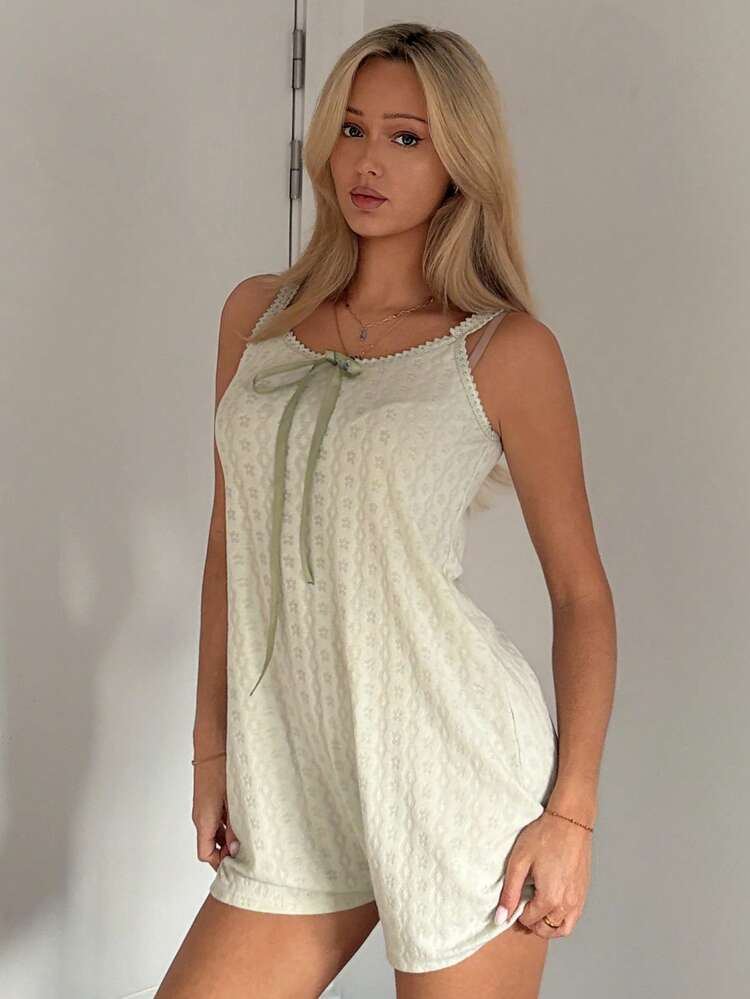 DAZY Áo hai dây và quần short dệt kim Jacquard thoải mái dành cho nữ, bộ đồ ngủ liền thân. - trắng - Xem 4