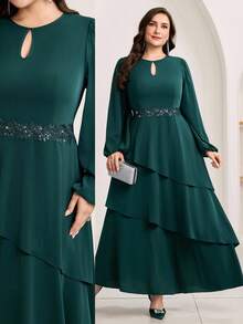 Modelyn Đầm dài tay cổ tròn tối giản màu trơn cỡ lớn - Màu xanh lá cây đậm - Xem 1