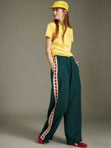 Elnivra Glissea 新款复古美式风格弹力腰阔腿裤，高腰宽松百搭爱心针织缎带学院风嘻哈直筒裤 - 墨綠色 - 查看 4