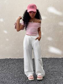 Coolane Kids Tween Girls Summer/Spring Minimalist Boho Vacation Casual Basic Daily Wear Linen Comfortable Low Rise Baggy White Pants, Linen Pants,Beach,Vacation, Girl Wide Leg Pants, Summer Pants,Kidsfashion,Girlsoutfitideas,Tweenstyle - White - View 4