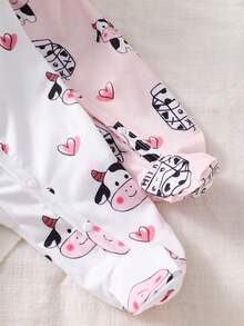 Newborn Cute Animal Cartoon Theme Pink Khaki Cow Heart Pattern Long Sleeve Footed Romper Set - Baby Pink - View 4