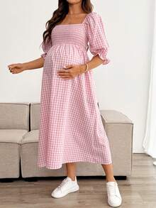 SHEIN Maternity Plaid Print Square Neck Casual Versatile Dress, Summer Holiday Outfits , Summer Outfits, Summer Clothes - Pink - View 3