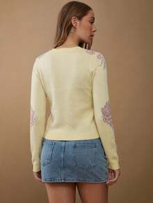 WESTFADE 圆领纽扣前开襟乡村西部风花卉嵌花长袖开衫毛衣，休闲可爱波西米亚风，适合秋季、冬季、乡村音乐会、西部风格场合，女士 - 淡黃色 - 查看 5