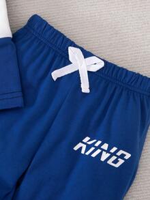 SHEIN Playful Pals 两件套幼儿男童休闲撞色字母印花短袖圆领T恤和松紧腰裤，适合儿童日常休闲穿着，男童套装，秋季款，适合3岁男童，婴幼儿男童服装，秋季款 - 彩色 - 查看 4