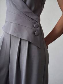 MOTF PREMIUM WOMEN'S PEAK COLLAR FOLD PLEATED SLEEVELESS LONG WIDE LEG JUMPSUIT, SPRING/SUMMER - Grey - View 3