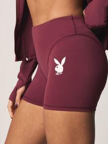 Missguided x Playboy High Waisted Athletic Shorts With Logo Detail For Activewear Training Fitness - Burgundy - View 4