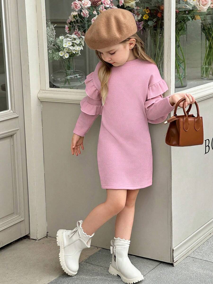 Elladie kids 1 chiếc đầm dệt kim thanh lịch cho bé gái, cổ tròn, dáng ôm, viền bèo nhún, đa năng thích hợp cho tiệc tùng, sinh nhật, mặc hàng ngày, mùa thu. - Hồng - Xem 1