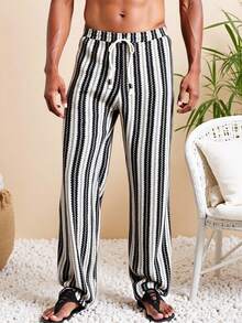HIMLAND 男士沙滩度假休闲条纹抽绳裤 - 黑與白 - 查看 2