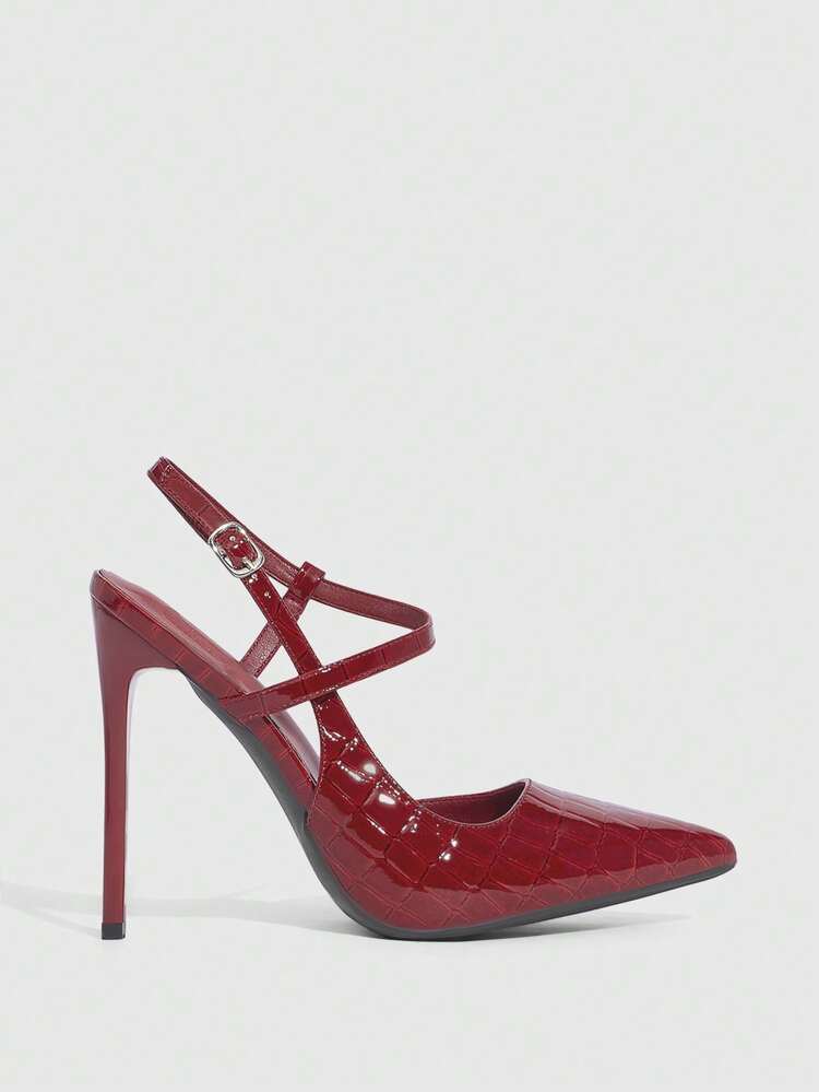 CUCCOO SZL Damen Spitze Zehen High Heel Schuhe, glänzendes schwarzes Material, modisch sexy Nachtclub Party Laufsteg Knöchelriemen Super High Heel Pumps für Weihnachten