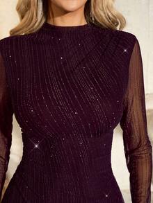 SHEIN Clasi Women's Rhinestone Embellished Long Sleeve Dress, Slimming & Shiny, Suitable For Party, Christmas, New Year - Burgundy - View 7