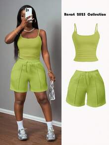 Slaydiva 新款春夏休闲基础运动风U领背心+五点式齿条装饰运动裤 白色女式两件套-A - 橄欖綠 - 查看 9