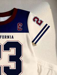 SHEIN Playful Pals 1 Set Baby Boys Casual Sports Style Numeric 23 & California Letter Print Colorblock Striped Round Neck Short Sleeve T-Shirt And Shorts Set, Suitable For Outdoor & Sports - Multicolor - View 3