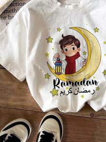 Tween Boy Casual Minimalist Cartoon Cute Star & Moon Element Print Arabic Style Short Sleeve Round Neck T-Shirt, Suitable For Summer - White - View 5