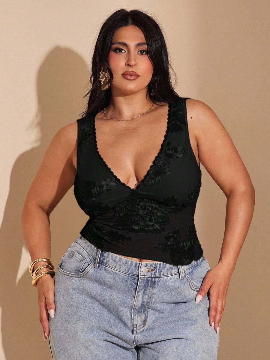 SHEIN BAE 大码女式优雅性感蕾丝边V领无袖背心，适合度假、约会、夜店、派对、泳池派对、海滩、休闲度假穿着，Y2K风格，假日 - 黑色 - 查看 1