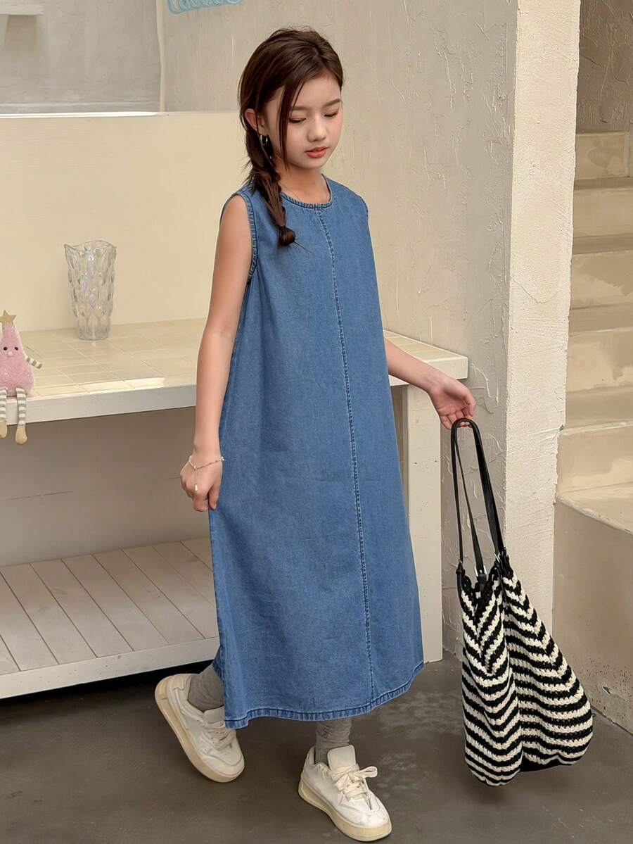 DAZY Girls' Round Neck Sleeveless Denim Dress - Blue - View 1