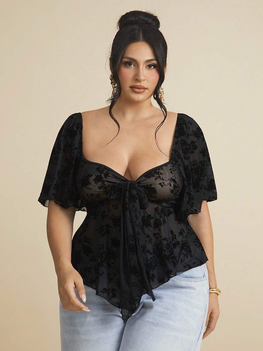 SHEIN BAE Áo cánh tay bèo ren cổ vuông phong cách Gothic cỡ lớn - màu đen - Xem 1