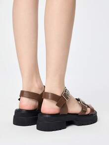 ROMWE Sandal Pantai Wanita Musim Panas Ujung Terbuka Gaya Rock Punk Goth Roman, Sandal Platform Wedges dengan Tali Bintang, Sepatu Musim Semi, Liburan Musim Semi, Paskah, Halloween, Natal, Sepatu Musim Panas Y2K - Matte coklat kekuningan - View 5