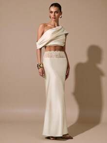 SHEIN BAE 杏色优雅蕾丝拼接缎面鱼尾裙，适合派对、鸡尾酒会、生日、伴娘、婚礼宾客等场合，秋冬季穿着。 - 杏色 - 查看 5