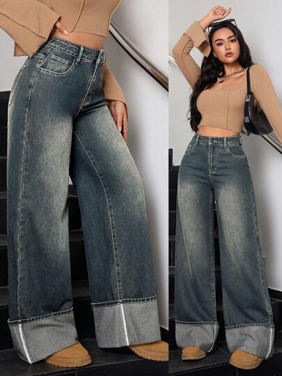 SHEIN Tall Winter Women's Casual Washed Vintage Chic Fashionable Turn-Up Hem Design Wide Leg Jeans
