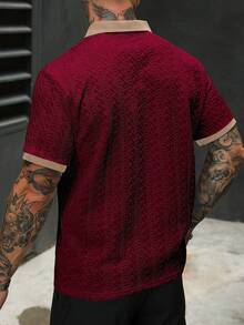 Manfinity Homme Plus Size Men's Contrast Color Block Collar Half-Placket Regular Fit Short Sleeve Polo Shirt - Burgundy - View 2