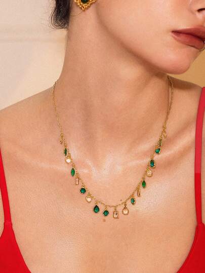 Glisma 1pc Geometric Teardrop Green Glass Gem Pendant Necklace, Charming Chain Style Suitable For Women's Daily Wearoutfits,Old Money,Metallic/Texture,Gemstone,For Mom/Women/Girl/Mother,Premium,Vintage,Classy,Gold,Easter,Travel/Beach/Vocation,Boho,Grunge