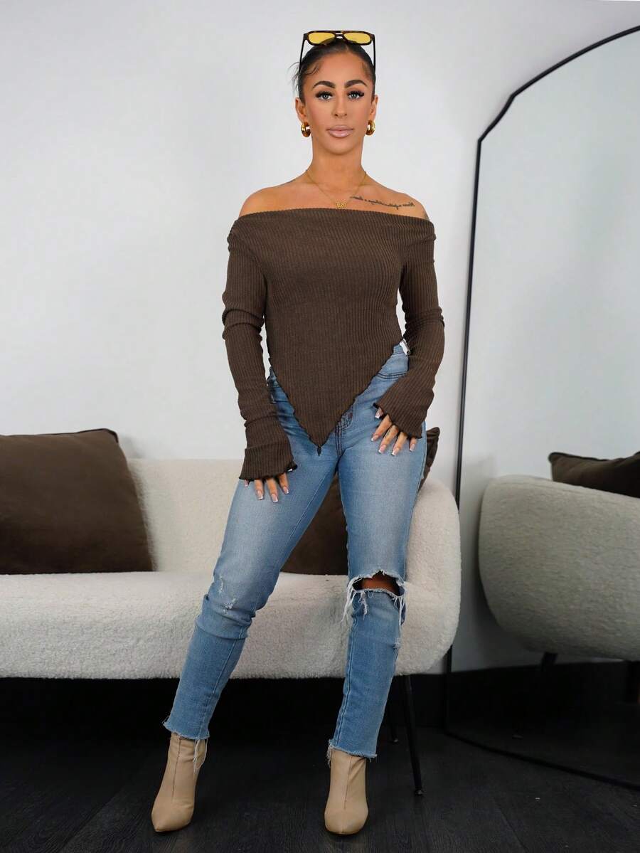 SAYEHFBABY Top de punto acanalado con cuello asimétrico con efecto desaliñado, para salir en otoño para mujeres - Marrón - Ver 1