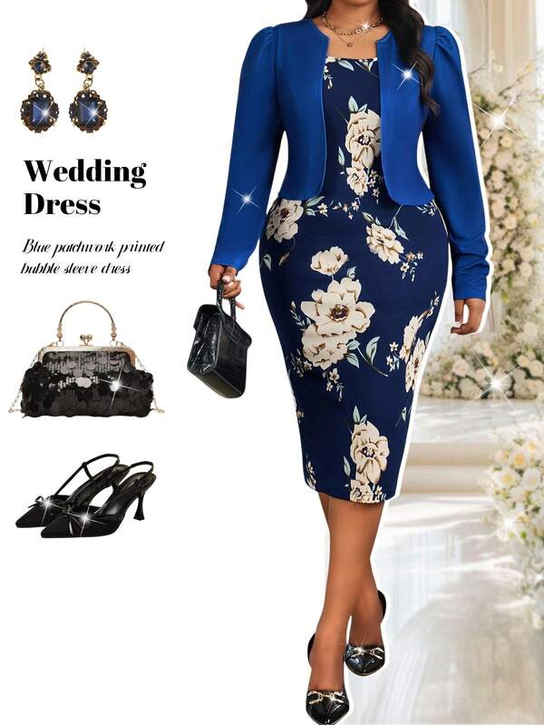 Fleurora Plus Size Contrast Color Patchwork Floral Print Puff Sleeve Dress Royal Blue Elegant Dress Women Elegant Midi Dress Blue Flower Dress Long Sleeve Elegant Dress Shein Bae Elegant Dress Elegant Dresses For Women Beach Dress Floral Dress 2 Piece Dress Set