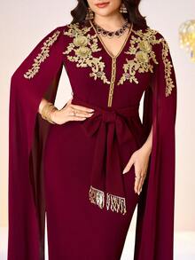Al Najma Plus Size Women's Elegant Party Embroidered Applique Cape Sleeve Arabic Style Dress - Burgundy - View 5