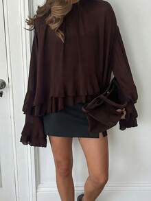 Aloruh Women's Elegant Bohemian Ruffle Trim Long Sleeve Blouse Ruffle Blouse Chocolate Brown Top - Brown - View 3