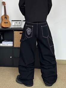 STEELVANCE 休闲街头风纯色刺绣后袋宽松阔腿牛仔裤 - 黑色 - 查看 2