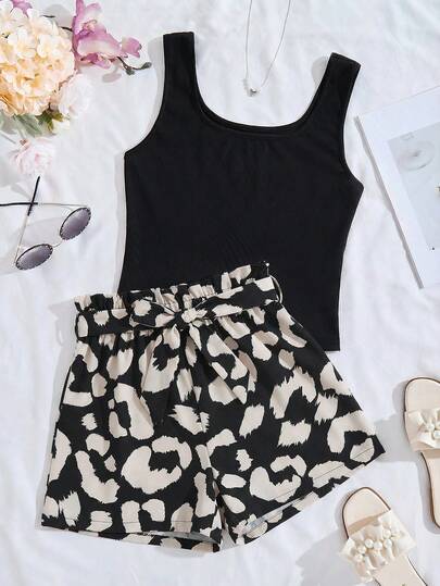 SHEIN Teen Girl Casual Matching Comfortable Tank Top And Leopard Print Shorts Set