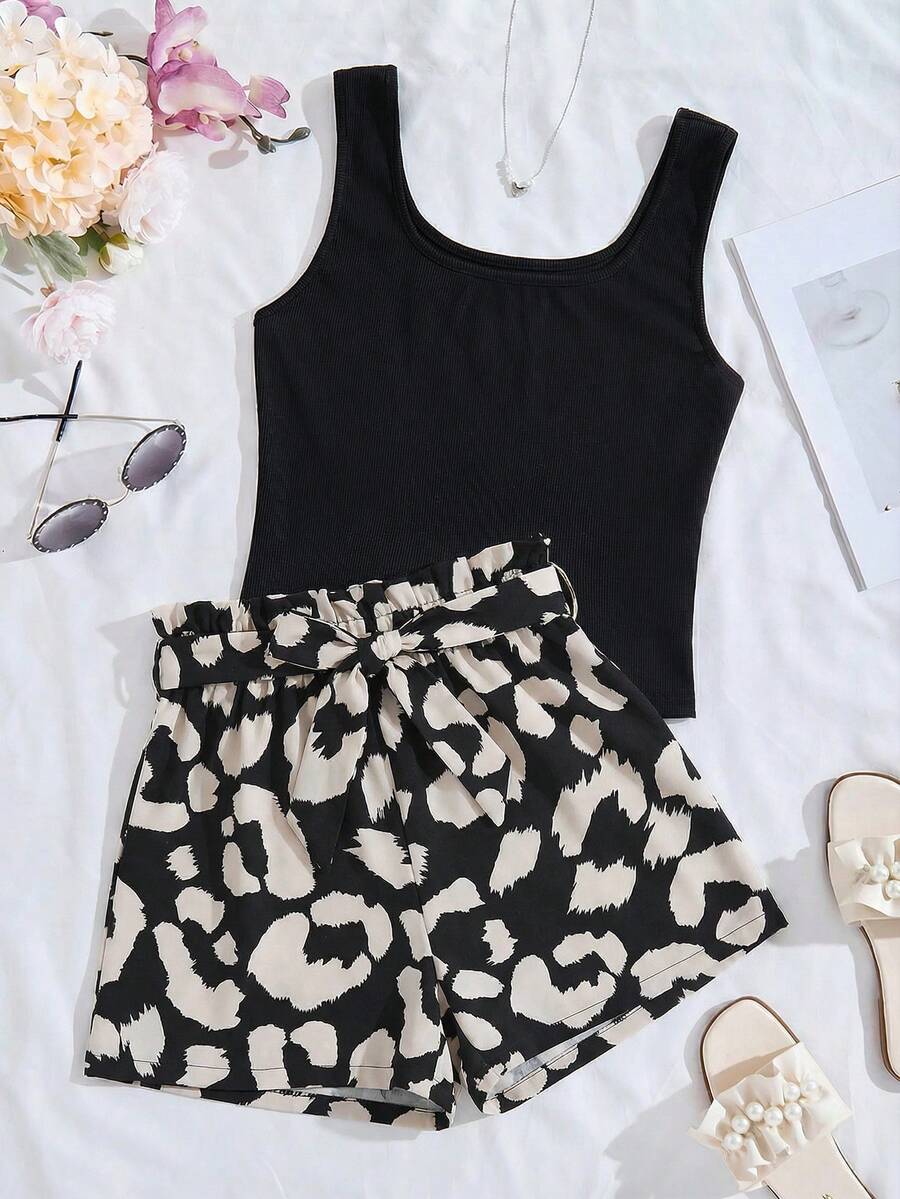 SHEIN Conjunto informal de top de tirantes y shorts con estampado de leopardo para adolescentes - Multicolor - Ver 1