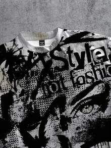 Manfinity ZONE917 High Quality Men's Loose Fit Gray & Black Graffiti Eye & Butterfly English Graphic Print Short T-Shirt - Multicolor - View 2
