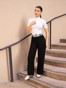 Andrea Bello 黑色不对称腰带复古学院风百搭女士西装裤秋季衣服商务休闲女式阔腿正装裤 - 黑色 - 查看 5