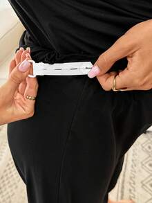 SHEIN 两件套孕妇毛边领单排扣短袖衬衫和可调节腰围休闲裤套装 - 黑色 - 查看 7