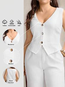 SHEIN LUNE Áo kiểu nữ cỡ lớn, cài một hàng cúc, cổ chữ V, không tay, màu trắng, thích hợp cho mùa hè hoặc dịp Valentine, chất liệu cotton, kiểu dáng thường ngày. - trắng - Xem 8