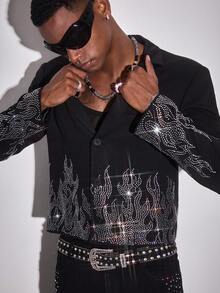 ROMWE MEN Street Life Men's Lapel NeckLong Sleeve Rhinestone Embellished Suit Jacket - Black - View 8