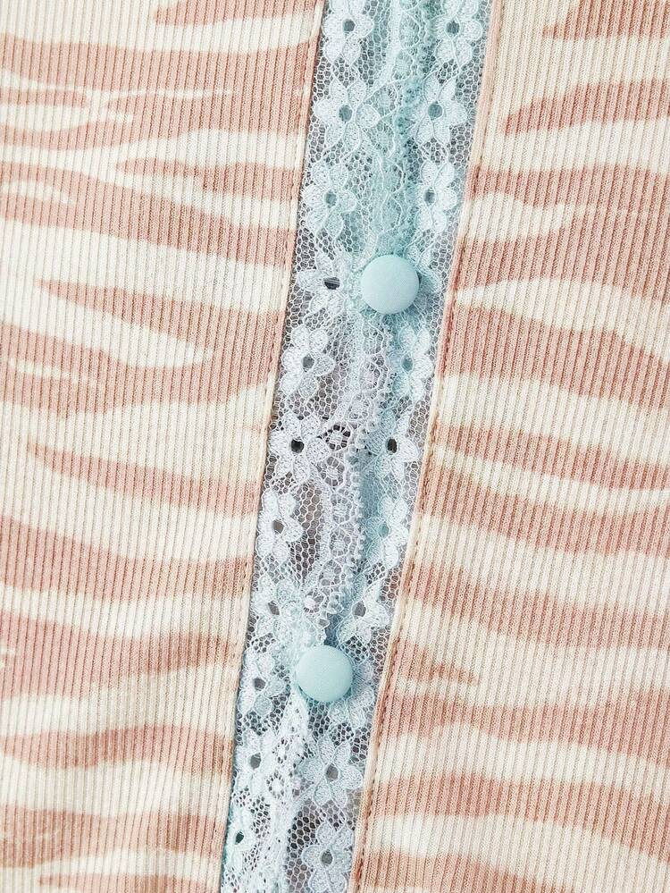 Pink Zebra Print Long Sleeve Top With Blue Lace Trim And Button Opening Spring Women Spring Summer Going Out Animal Print Top