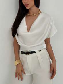 Aloruh Women's Cowl Neckline Short Sleeve Casual/Work Blouse, Spring Women - White - View 6