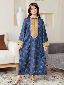 SHEIN 少女黑色金色优雅奢华长裙，配金色丝带和网纱开衫两件套 - 黑色 - 查看 3